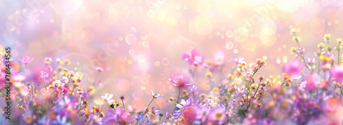 summer meadow with daisies and pink flowers panorama. Mother's day background.