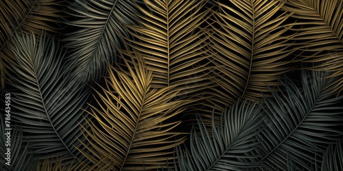 Vibrant tropical leaves design set on a dark background.