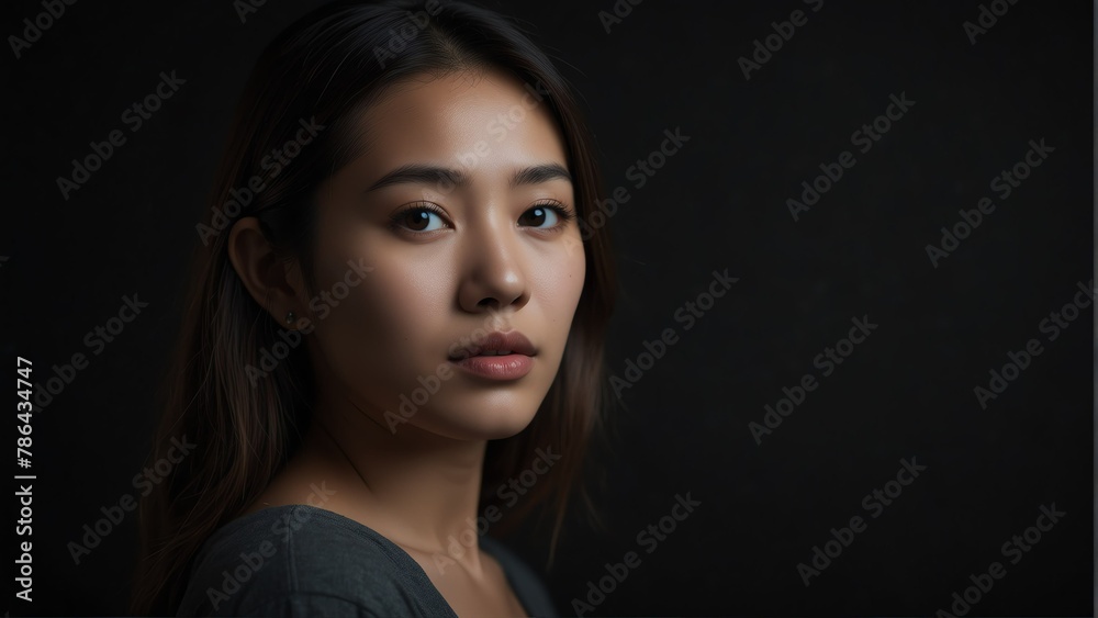Fototapeta premium beautiful asian woman looking at camera serious on dark plain black background from Generative AI
