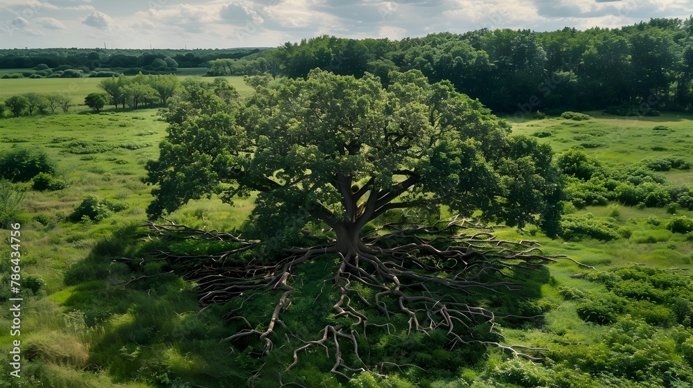 Aerial View of Expansive Tree Roots Integrating with Lush Pastoral Landscape Aerial View of Expansive Tree Roots Integrating with Lush Pastoral Landscape