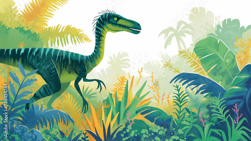 Velociraptor e plantas no fundo branco - Ilustra    o 