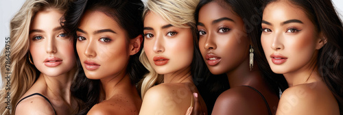 women of different ethnicities, of mixed race with beautiful skin posing for the camera in a studio with a white background, with different hair and eye colors