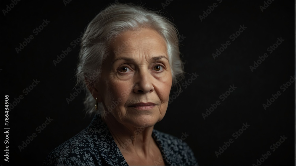 beautiful elder woman looking at camera serious on dark plain black background from Generative AI