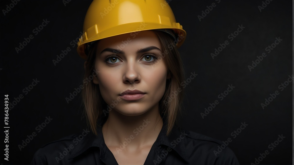 beautiful engineer architect woman looking at camera serious on dark plain black background from Generative AI beautiful engineer architect woman looking at camera serious on dark plain black background from Generative AI