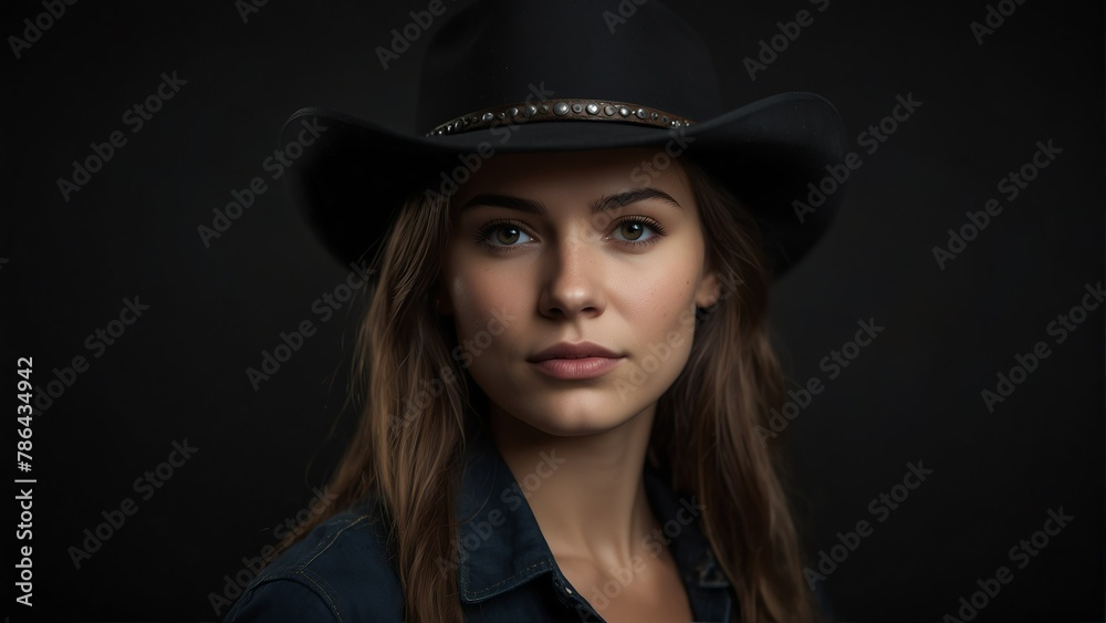 beautiful cowboy woman looking at camera serious on dark plain black background from Generative AI