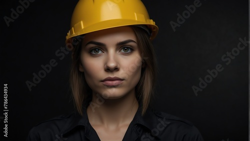 beautiful engineer architect woman looking at camera serious on dark plain black background from Generative AI © Arceli