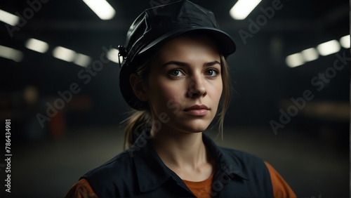 beautiful factory worker woman looking at camera serious on dark plain black background from Generative AI