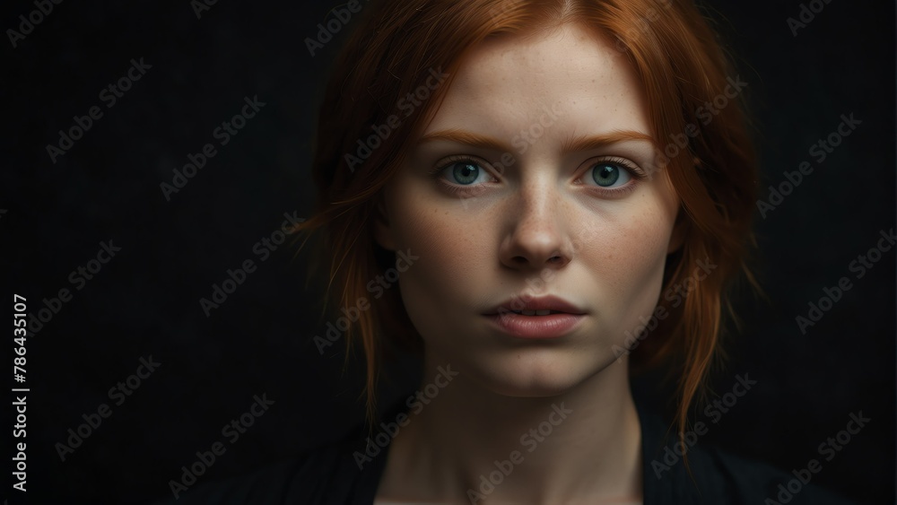 beautiful red head woman looking at camera serious on dark plain black background from Generative AI