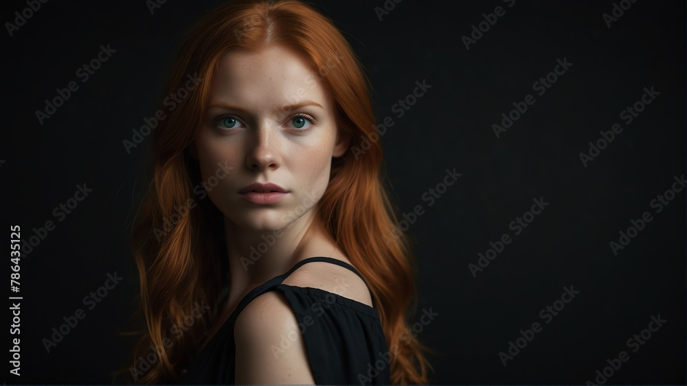 beautiful red head woman looking at camera serious on dark plain black background from Generative AI beautiful red head woman looking at camera serious on dark plain black background from Generative AI