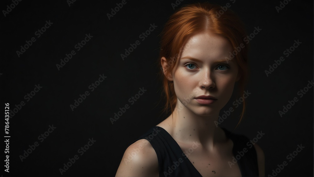 beautiful red head woman looking at camera serious on dark plain black background from Generative AI