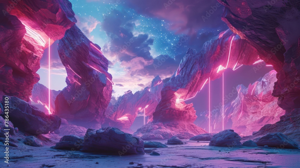 Obraz premium expansive Synthwave-infused canyon landscape, with geometric rock formations, neon-lit caves, and a cosmic sky