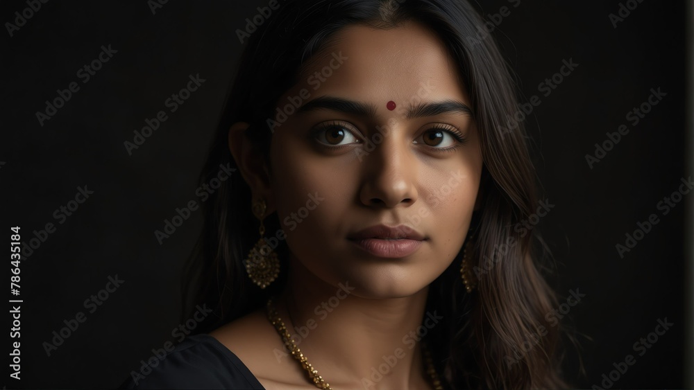 beautiful south asian woman looking at camera serious on dark plain black background from Generative AI beautiful south asian woman looking at camera serious on dark plain black background from Generative AI