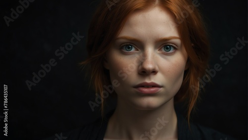 beautiful red head woman looking at camera serious on dark plain black background from Generative AI © Arceli