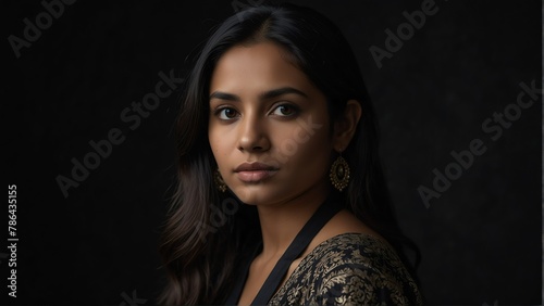 beautiful south asian woman looking at camera serious on dark plain black background from Generative AI