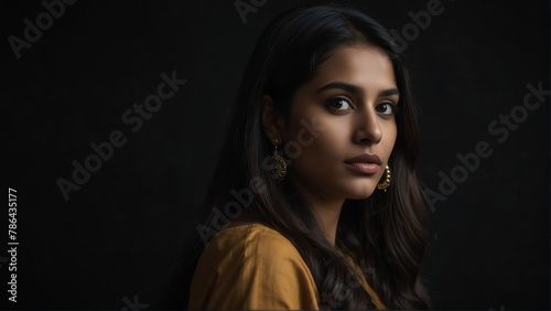 beautiful south asian woman looking at camera serious on dark plain black background from Generative AI