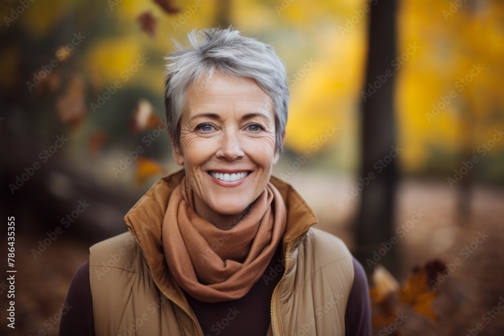 Portrait of a smiling woman in her 50s dressed in a breathable mesh vest over background of autumn leaves Portrait of a smiling woman in her 50s dressed in a breathable mesh vest over background of autumn leaves
