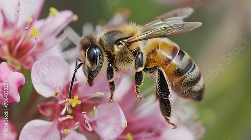 Captivating Honeybee Hovering Over Delicate Pink Blossom Revealing Intricate Details and Fuzzy Body