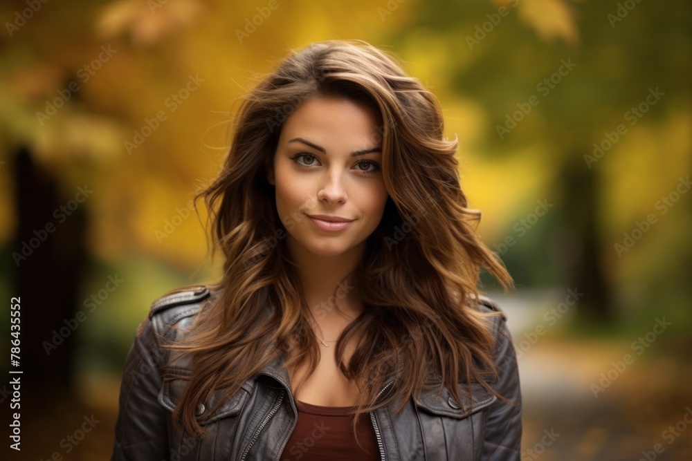 Portrait of a glad woman in her 20s wearing a rugged jean vest in front of background of autumn leaves Portrait of a glad woman in her 20s wearing a rugged jean vest in front of background of autumn leaves