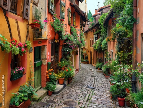 A quaint cobblestone street in an old European town  adorned with colorful flower boxes and charming cafes timeless charm Gentle sunlight bathes the scene  enhancing the romantic atmosphere
