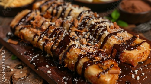 bananas in chocolate sauce (piscok) on a wooden board, close up view photo