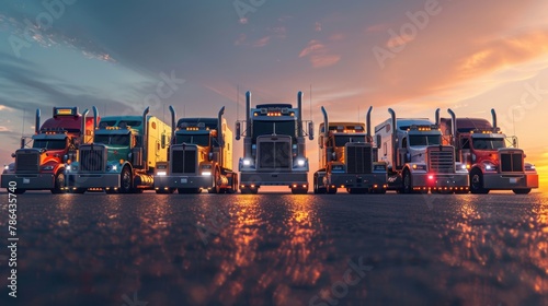 A group of modern trucks lined up on the asphalt, ready for a race against each other at sunset. photo