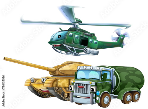 Fototapeta Naklejka Na Ścianę i Meble -  cartoon scene with two military army cars vehicles and flying helicopter theme isolated background illustration for children
