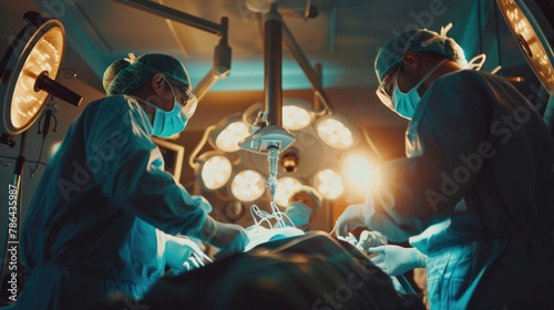 A group of surgeon team working together performing an operation in the operating room at hospital. photo
