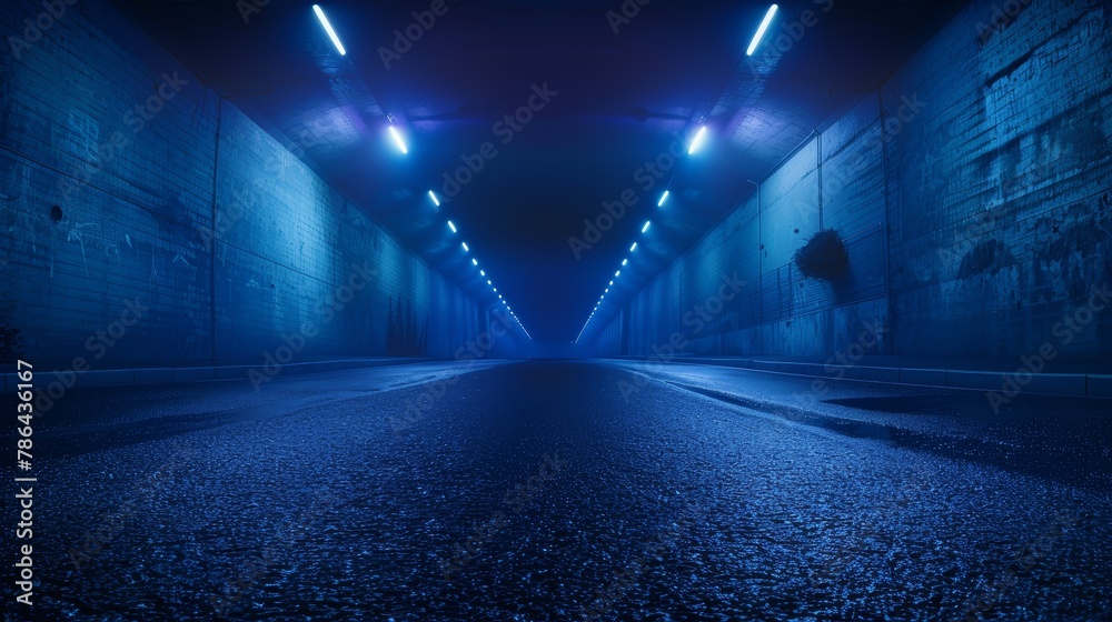 night empty road with modern LED street lights.Asphalt blue street with smoke. Empy background.
