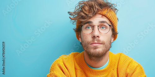 Guy is sitting at the laptop and thinking about something isolated on blue background, portrait of handsome man with glasses looking confused while working in front view, orange shirt