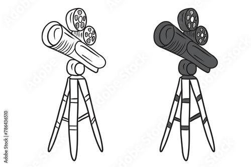 Camera for movies recording standing on tripod in black isolated on white background. Hand drawn vector sketch illustration in doodle engraved vintage line art style. Coloring book, cinema equipment.