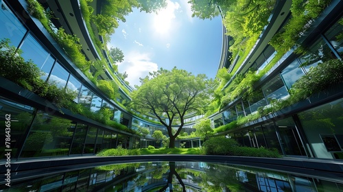Innovative Eco-Friendly Glass Office Building with Trees, Reducing Carbon Emissions