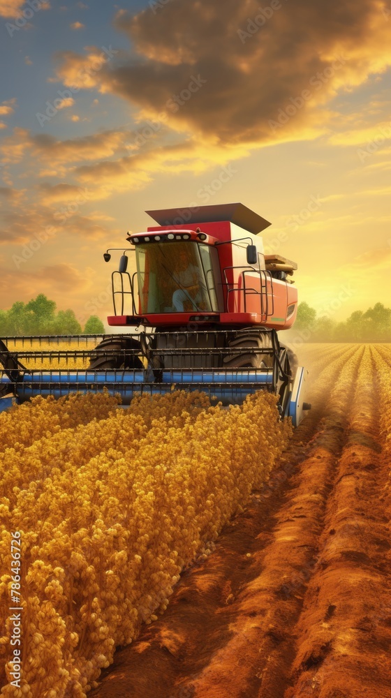 Obraz premium Combine harvester in a soybean field harvesting soybeans at sunset