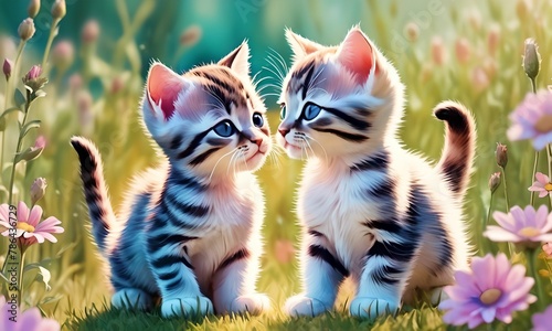 Wallpaper or illustration, representing a watercolor painting of two cute baby cats, on a flowery meadow, for children photo