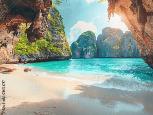 A secluded beach with crystal-clear turquoise waters lapping gently against the shore, framed by towering cliffs secluded paradise Soft, golden light bathes the scene, creating a serene and tranquil