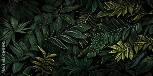 Bright colored tropical leaves arranged in a pattern on dark background.