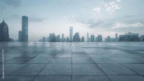 skyline and buildings with empty concrete square floor.empty concrete tiles floor with city skyline.