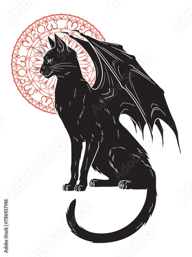 Black cat with monster wings isolated. Witch familiar spirit, halloween or pagan witchcraft theme print design vector illustration