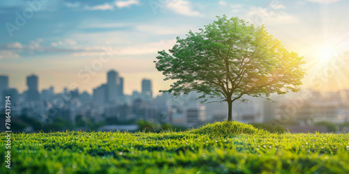 green tree growing on grass with city background, ecology concept. Green environment and eco friendly for sustainable development. copy space  photo