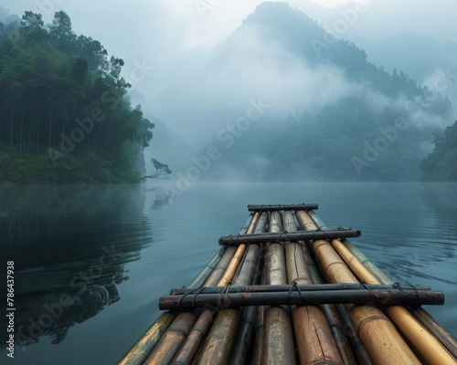 A bamboo raft drifting through mountain mist enveloped by lush greenery, invoking a sense of tranquil exploration photo