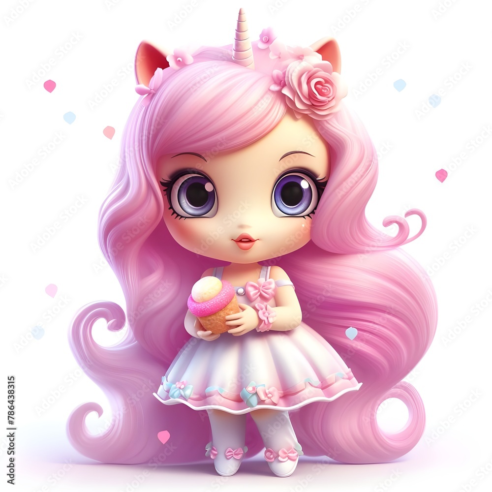Cartoon image of a cute girl with pink hair and a cupcake.