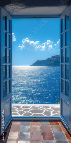 Fototapeta Naklejka Na Ścianę i Meble -  Offenes Fenster oder Tür mit Meerblick, Santorin, Greece
