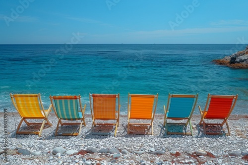 colorful striped deck chairs lined up on a pebble beach  with the vast sea in the background and a clear blue sky above.