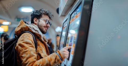 German male customer using a self service kiosk at a train station photo