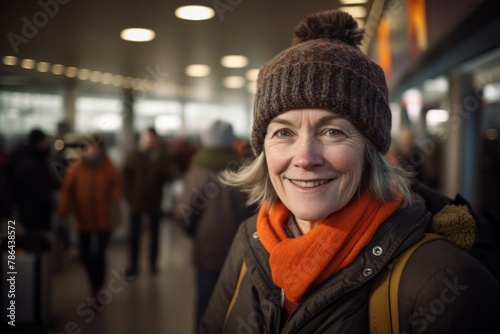 Portrait of a joyful woman in her 50s donning a warm wool beanie isolated in busy airport terminal