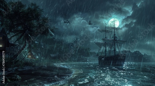 A midnight storm rages over a pirate cove, the sea alive with the fury of the tempest and the mystery of tales untold