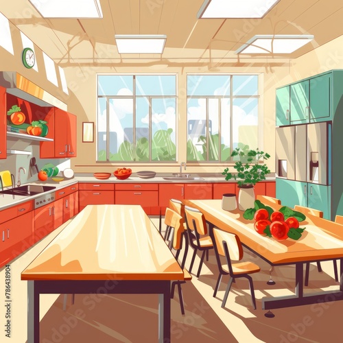 Illustration of an empty school or university kitchen with large windows and cooking utensils