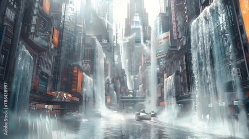Futuristic Waterfall City with Floating Boats Navigating the Cascading Skyscrapers in a Surreal Sci-Fi Landscape photo
