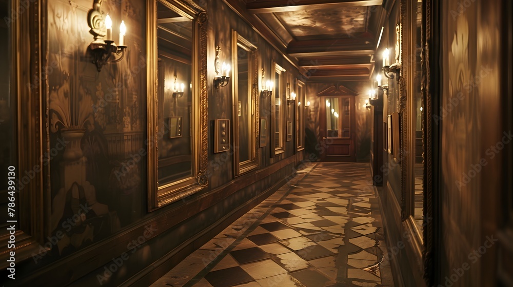 Infinite Reflections in an Ornate Antique Hallway,Telling a Tapestry of Untold Stories
