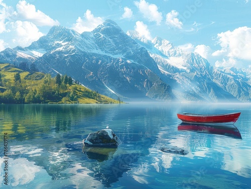 A serene mountain lake nestled among snow-capped peaks, with crystal-clear water reflecting the surrounding landscape and a lone fishing boat drifting on the surface alpine tranquility