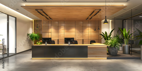 Empty office with flowerpots real modern office lobby with an open plan Spacious Elegance, Modern Reception Counter in a Luxury Contemporary Lobby Sketch design of interior reception. photo